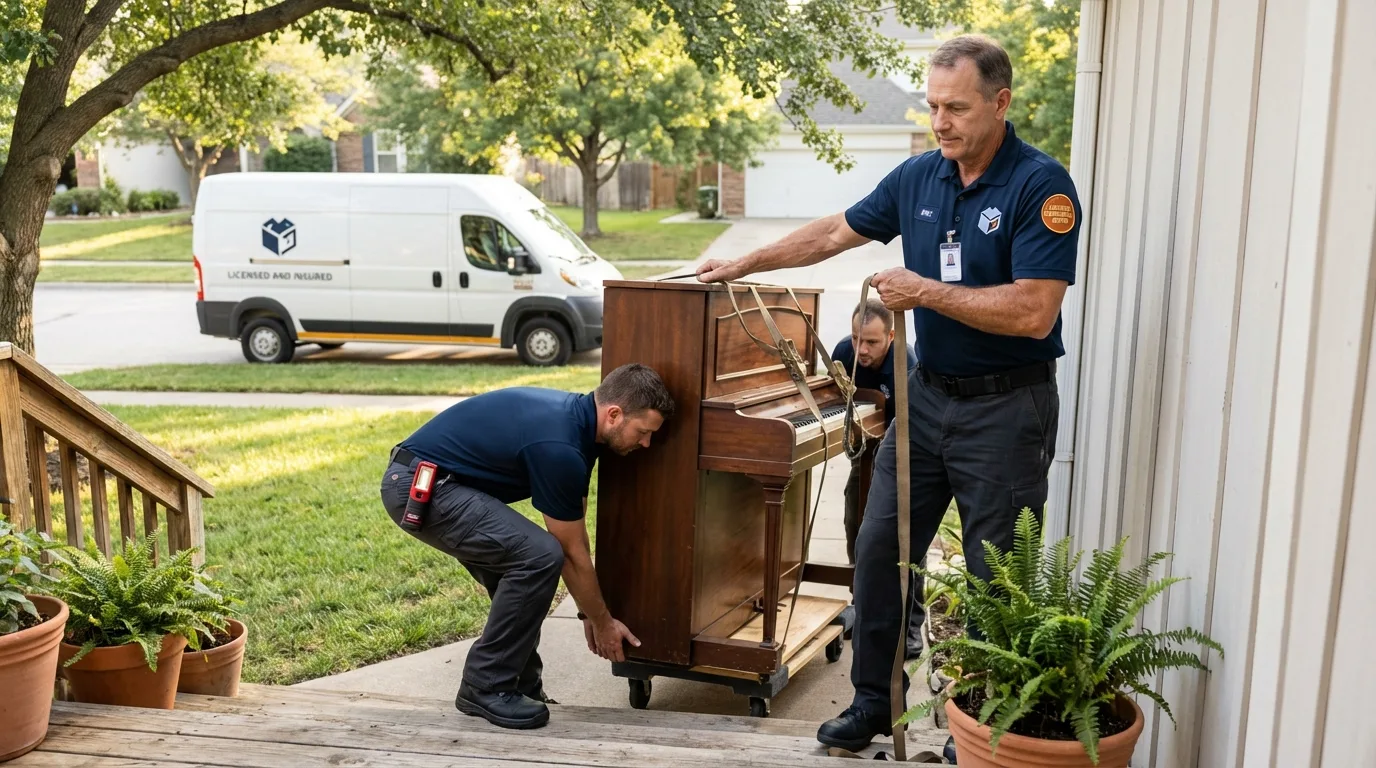 Licensed piano movers securing grand piano in Kinsley, KS