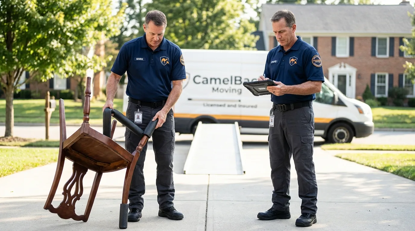 Movers inspecting furniture for damage prevention before loading in Kinsley, KS