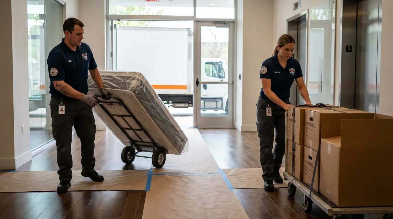 Professional apartment movers loading elevator in Kinsley, KS