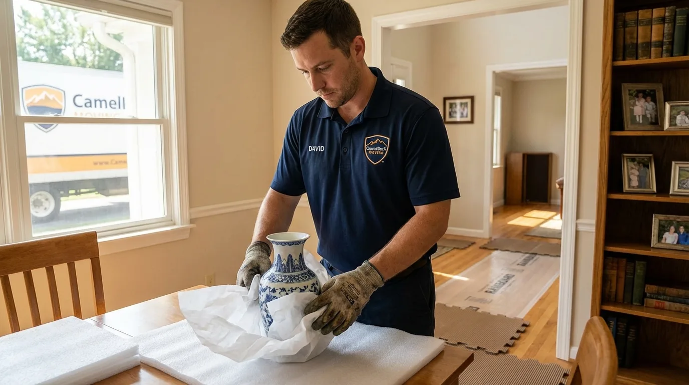 Professional crew carefully wrapping antique vase for senior downsizing move in Kinsley, KS